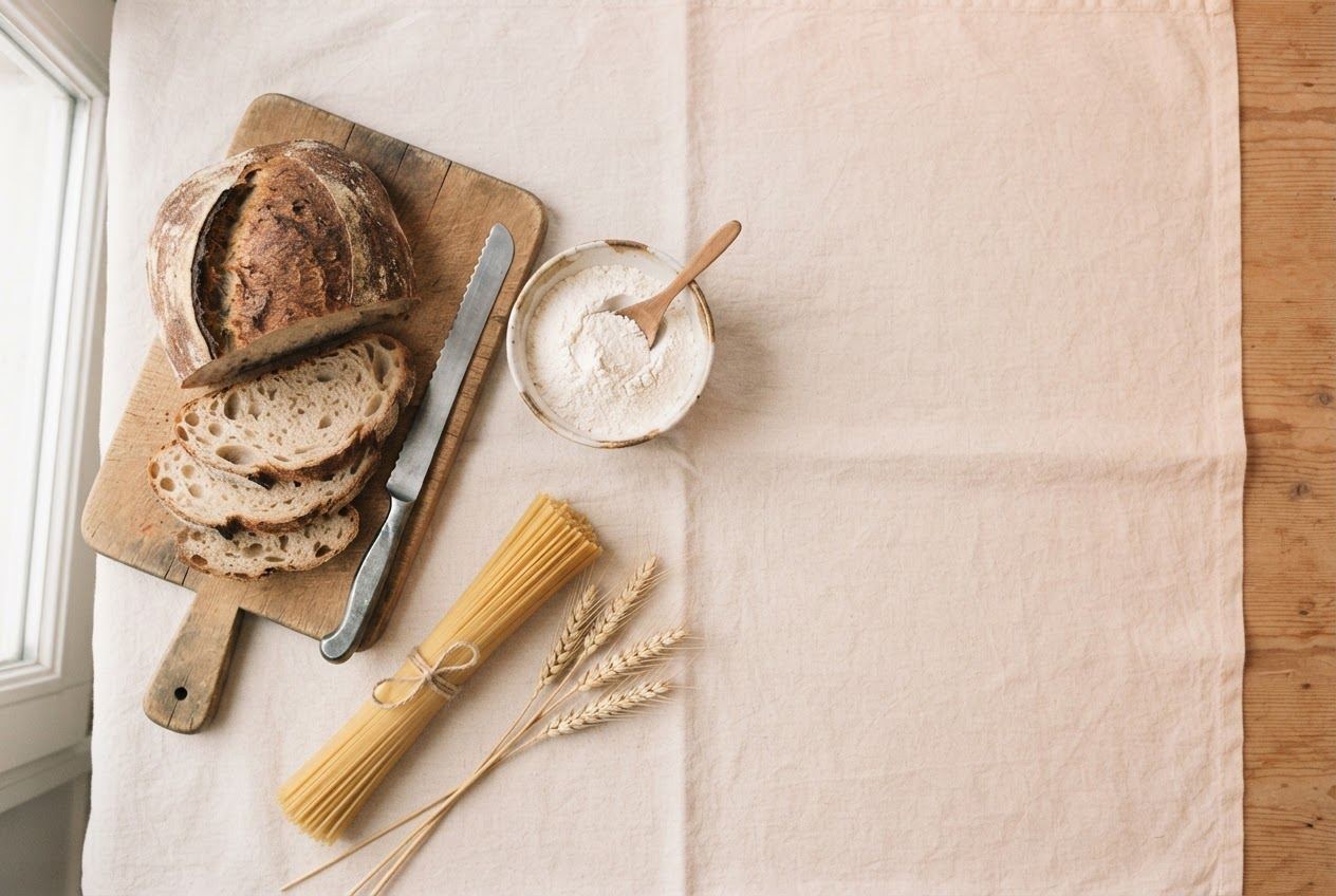 Ein angeschnittener Laib Brot auf einem Holzbrett, eine Schale Mehl, ein Bund Spaghetti und Weizenähren auf Leinen