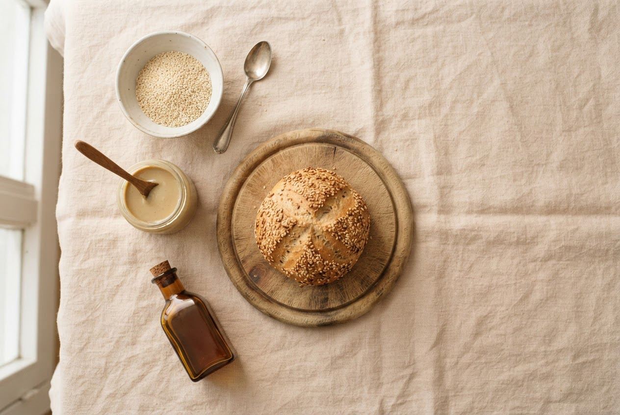 Eine Schale Sesamsamen, ein Glas Tahini mit Löffel, ein Sesambrötchen auf einem Holzbrett und ein Fläschchen Sesamöl, auf Leinen