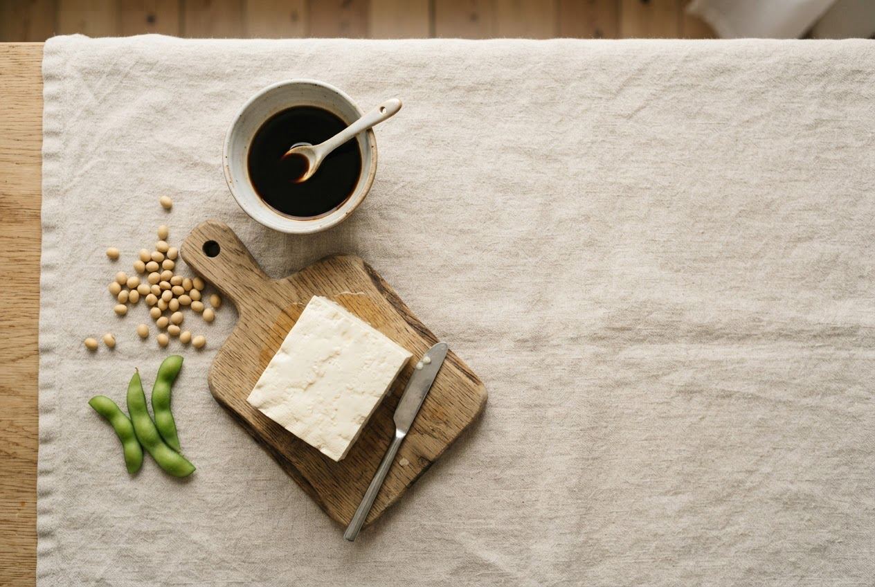 Sojasauce in einer Schale, ein Block Tofu auf einem Holzbrett, getrocknete Sojabohnen und Edamame auf Leinen