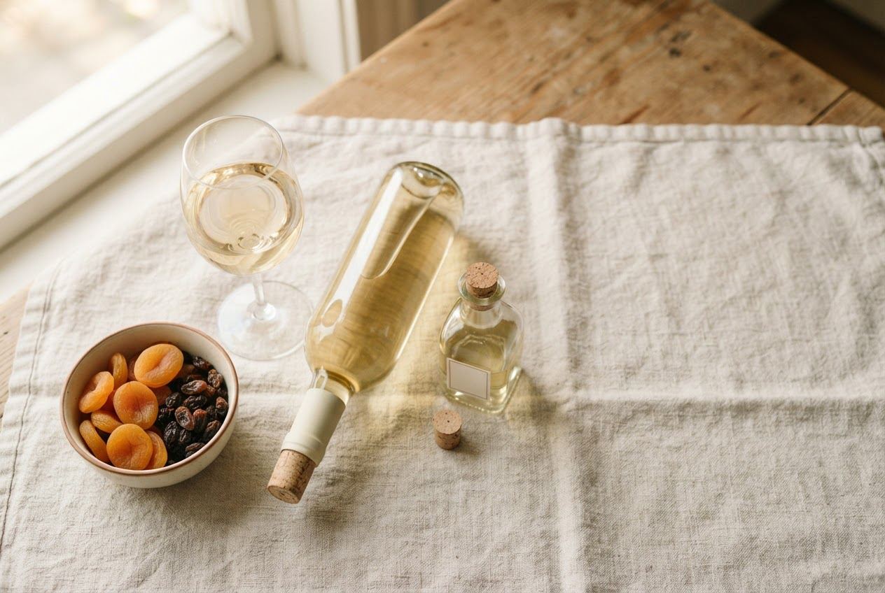Ein Glas Weißwein, eine liegende Weinflasche, eine Schale mit getrockneten Marillen und Rosinen und ein Fläschchen Weinessig, auf Leinen