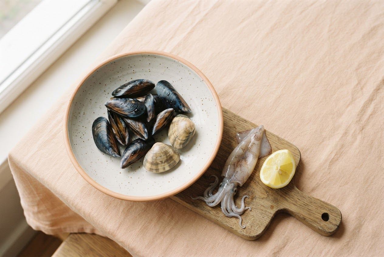 Miesmuscheln und Venusmuscheln in einer Keramikschale, ein kleiner Tintenfisch und ein Zitronenschnitz auf einem Holzbrett, auf Leinen